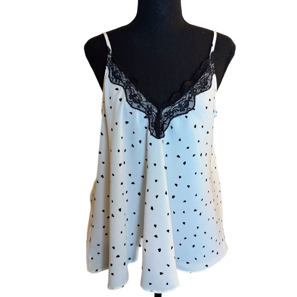 Promesa‎ White Camisole with Black Hearts and Lace Accent